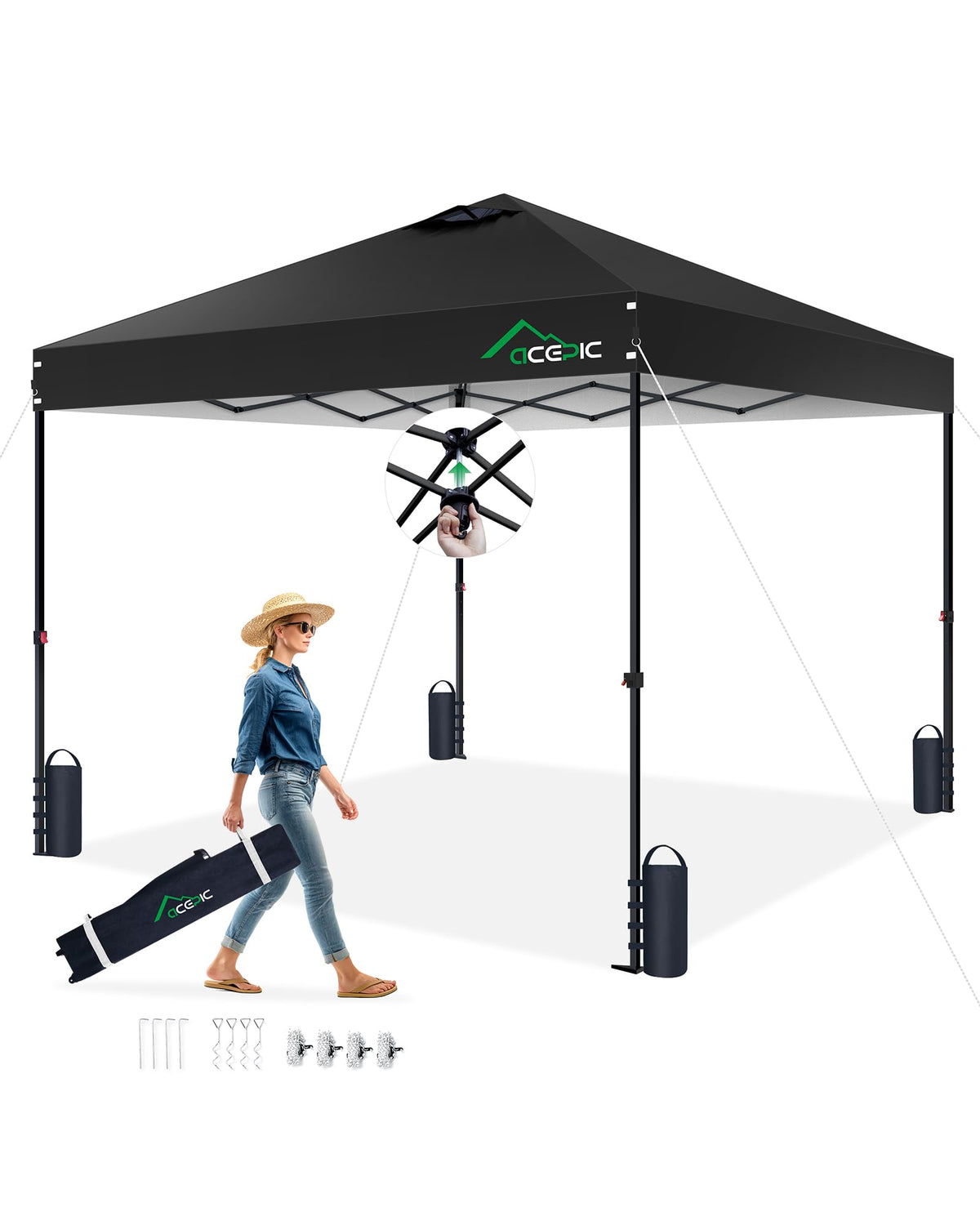 Acepic canopy front view showing full 10x10 shade and quick setup benefit