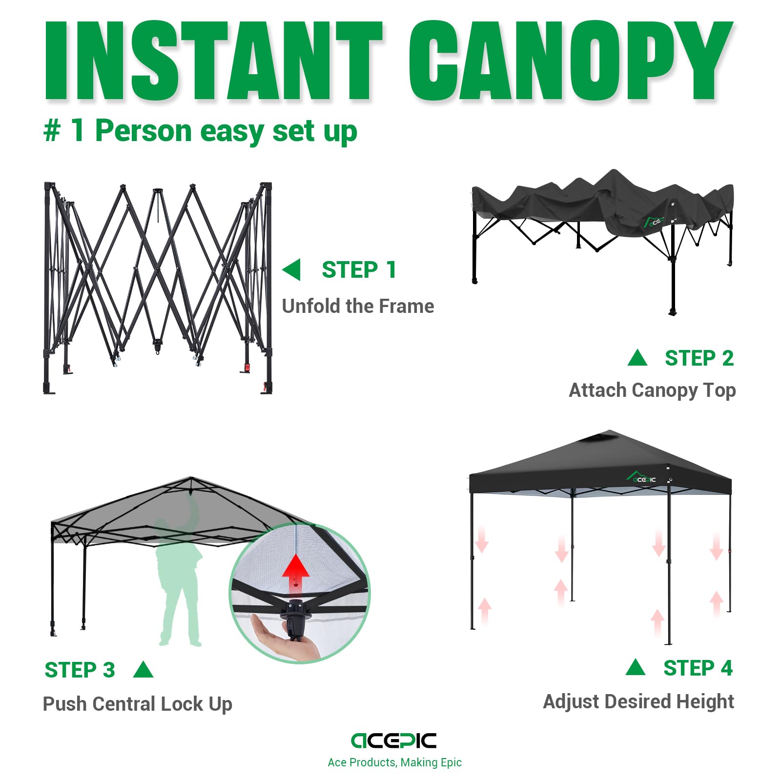 Acepic canopy leg adjustment buttons showing pinch-free height changes easily