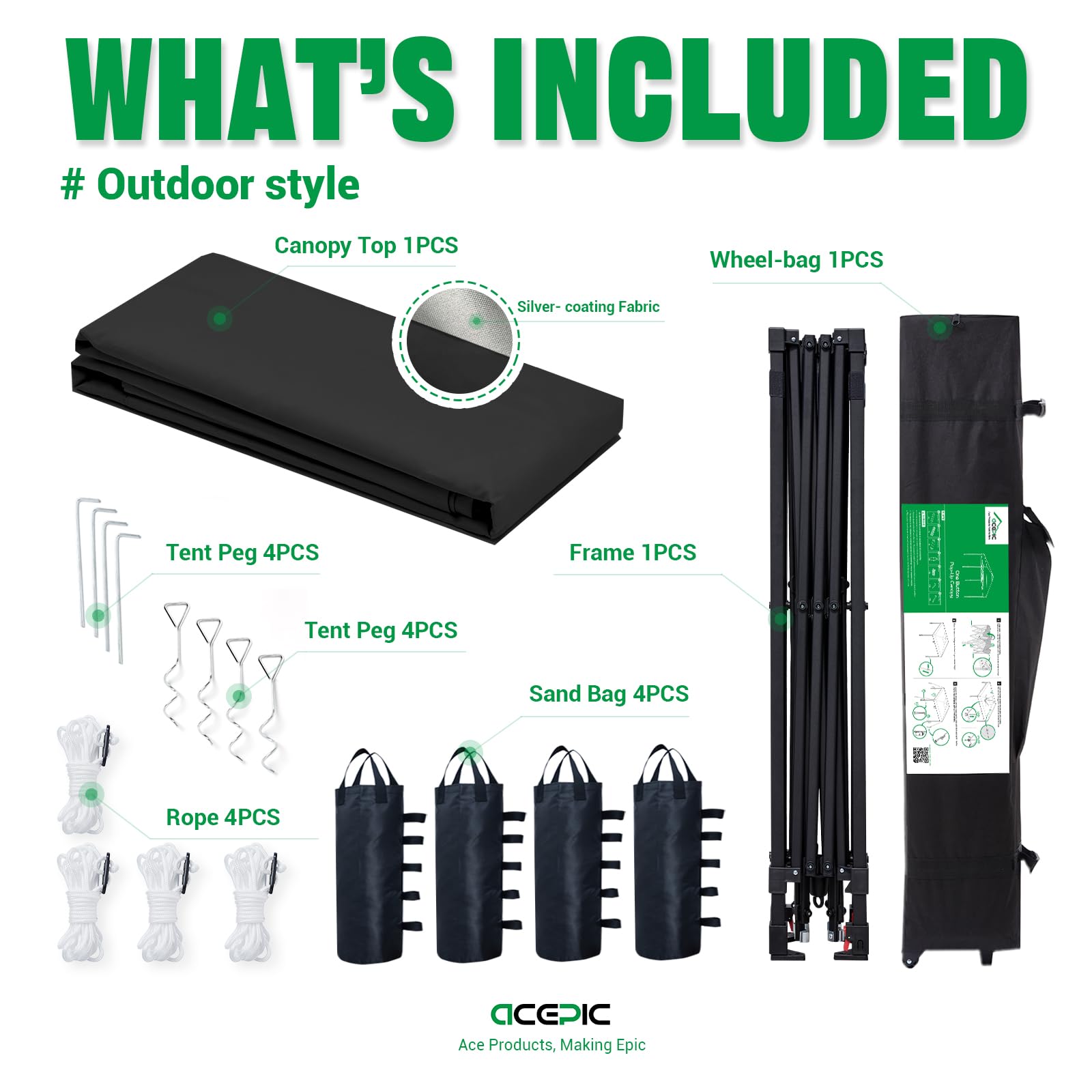 Acepic canopy folded in wheeled bag showing easy transport and storage benefit