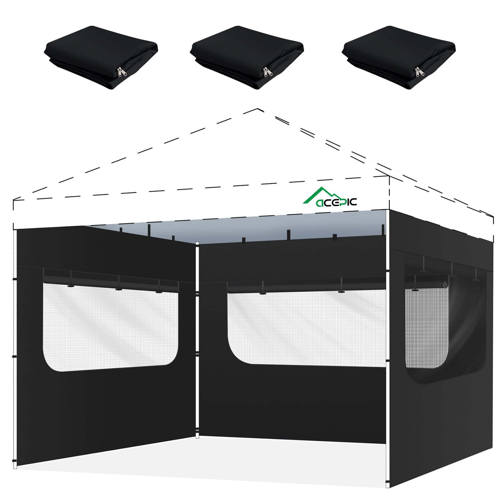 Acepic front view of black sidewall showing full-panel coverage and weather protection