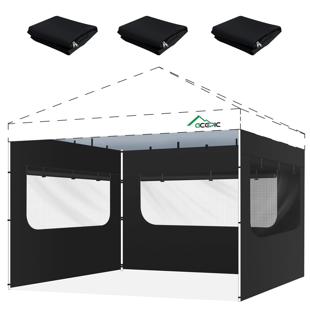 Acepic front view of black sidewall showing full-panel coverage and weather protection