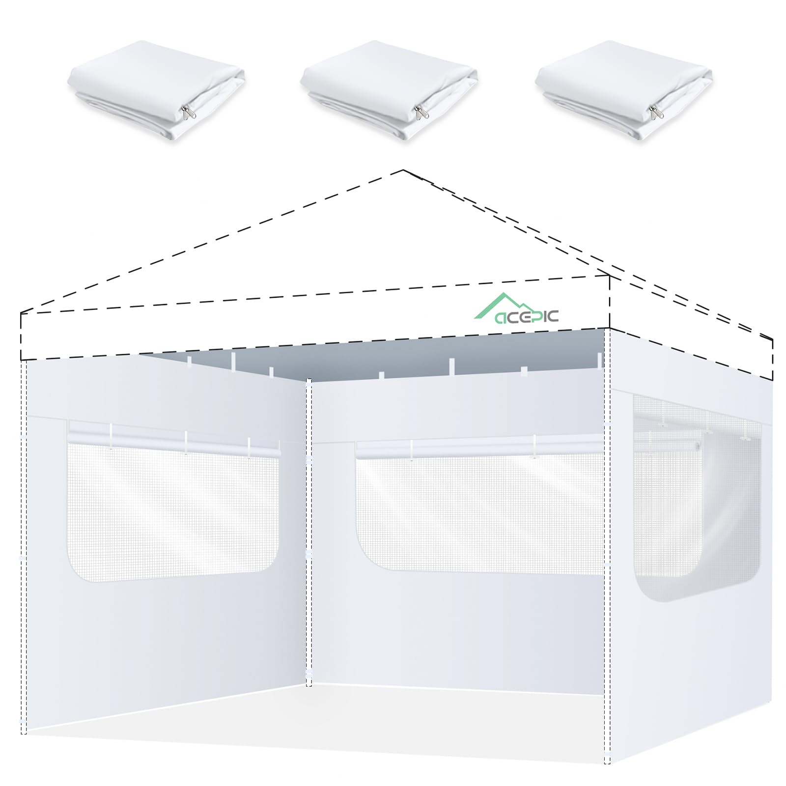 Acepic front view of three white sidewalls fitted to a 10x10 canopy showing full coverage and protection