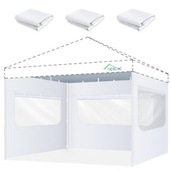 Acepic front view of three white sidewalls fitted to a 10x10 canopy showing full coverage and protection