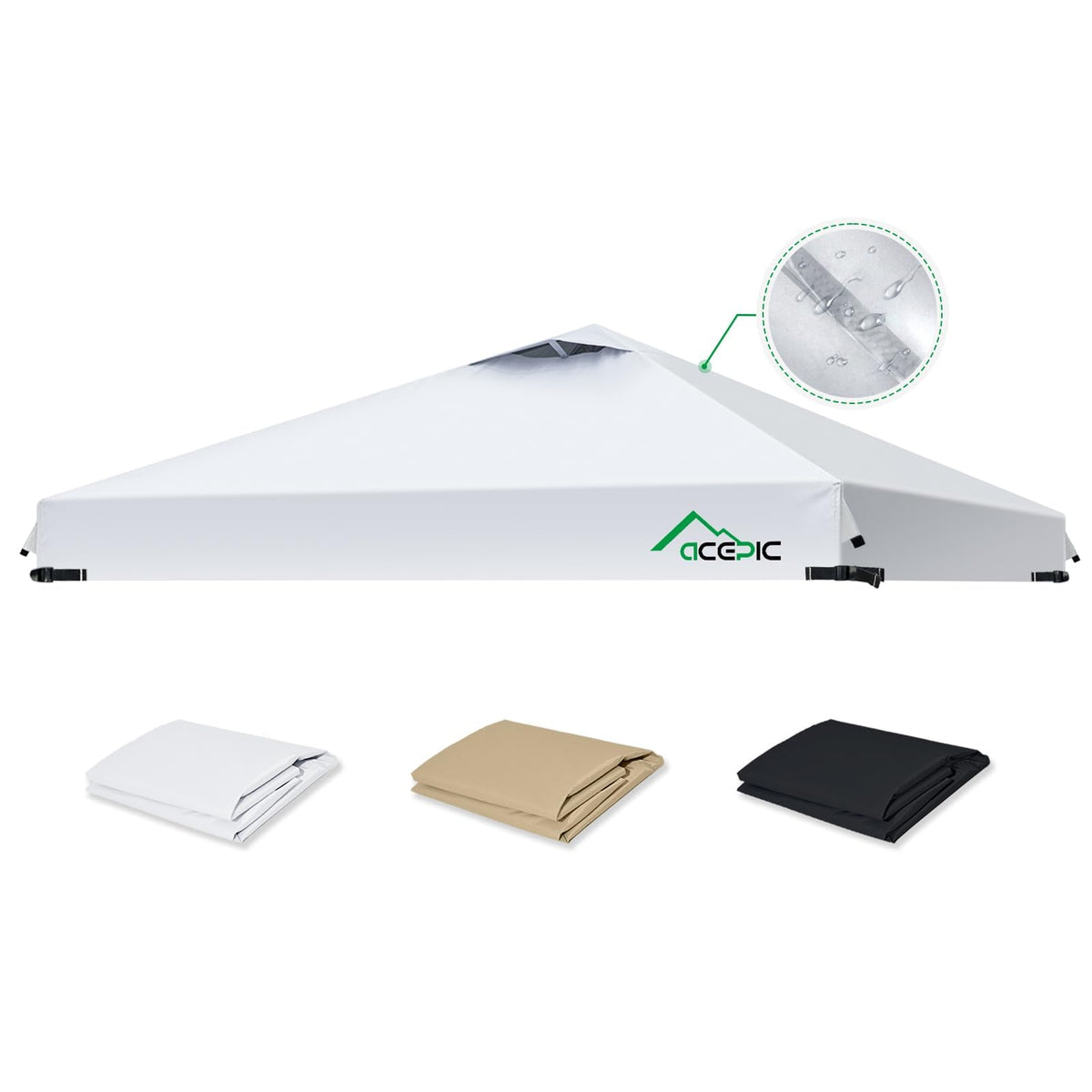 Acepic front view of white 10x10 canopy top showing full coverage and neat fit