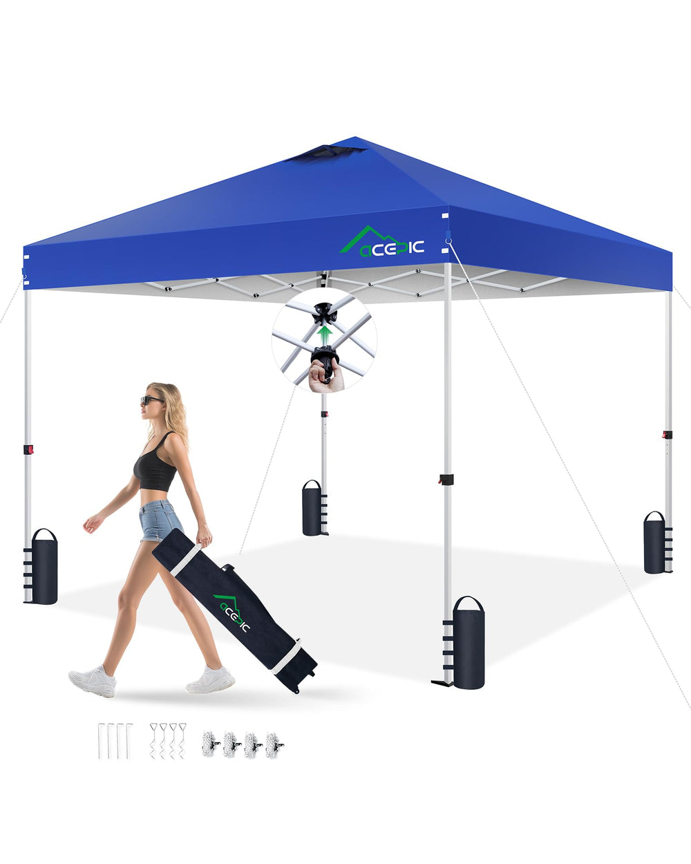 Acepic front view of 10x10 canopy showing full shelter and quick setup benefit