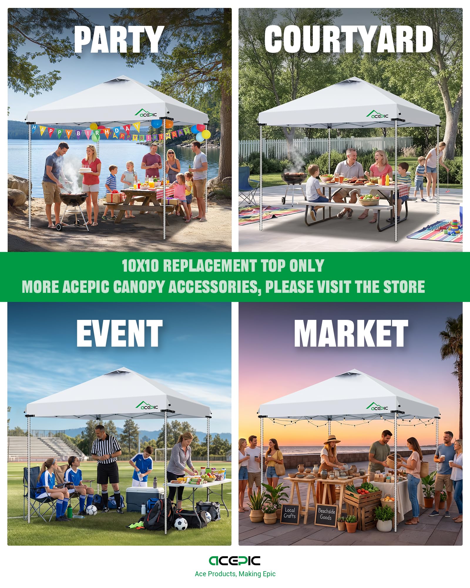 Acepic canopy in farmers market lifestyle scene showing shade and vendor comfort