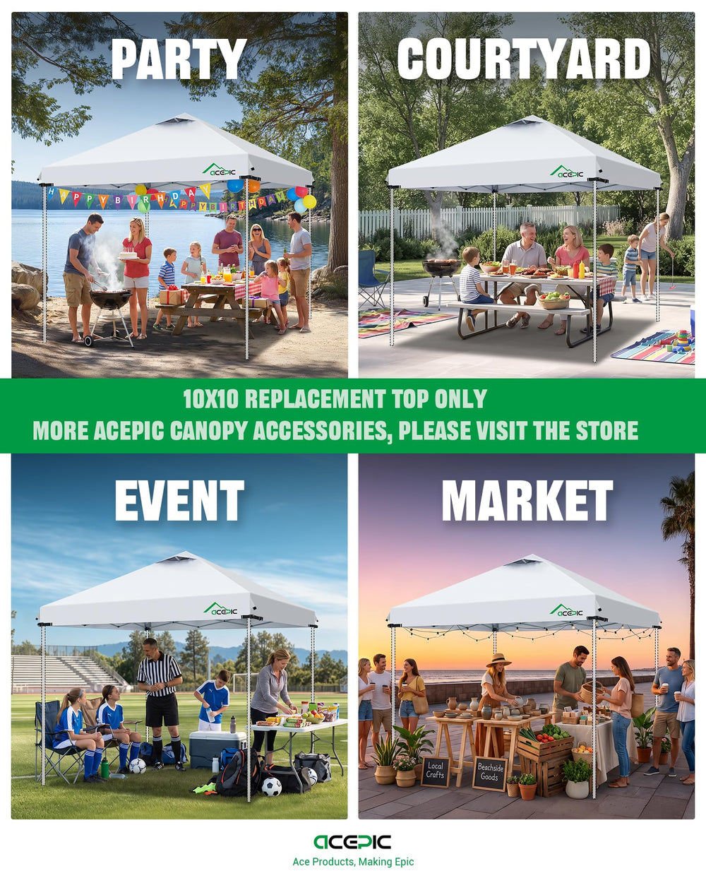 Acepic canopy in farmers market lifestyle scene showing shade and vendor comfort