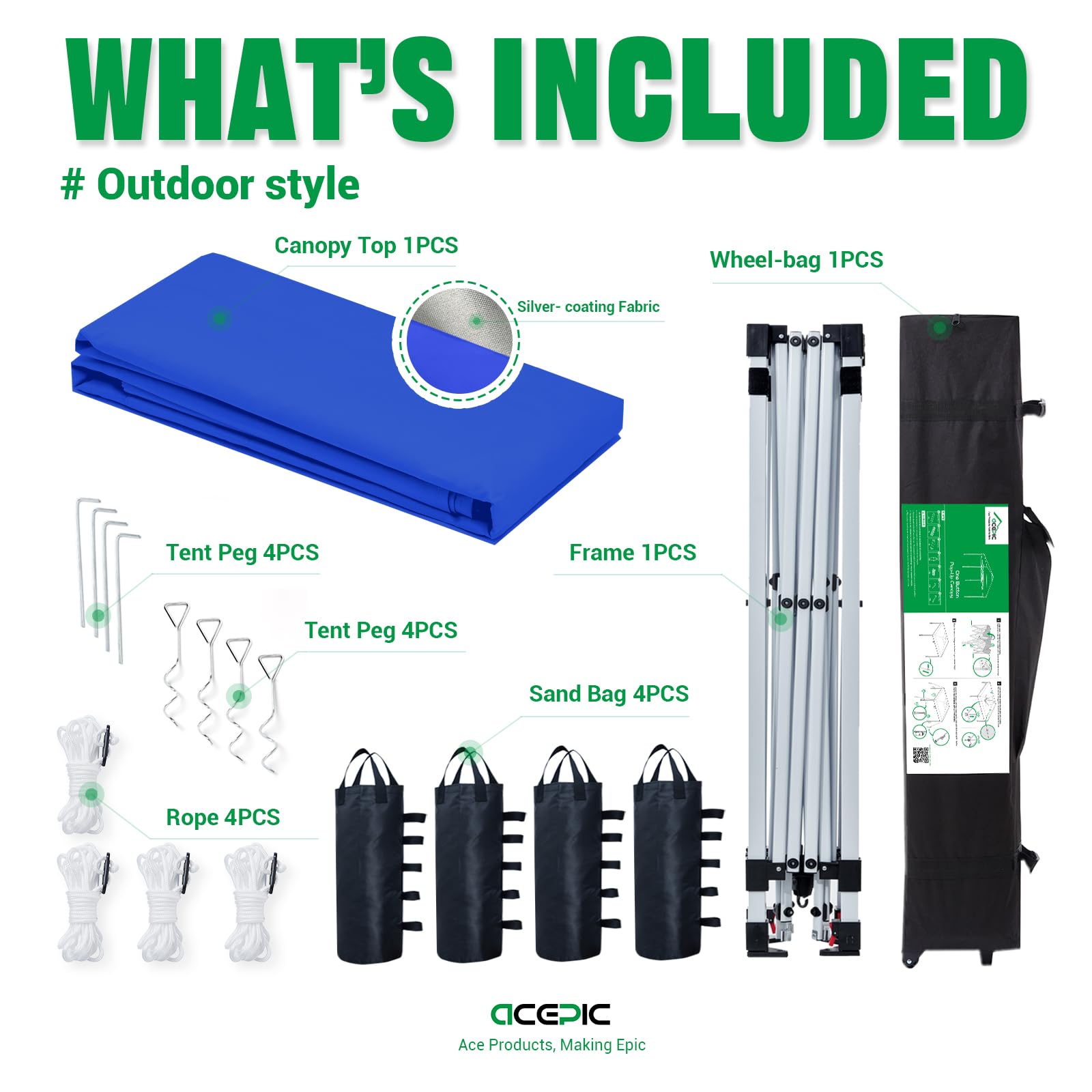 Acepic canopy weights and pegs laid out showing anchoring accessories for stability