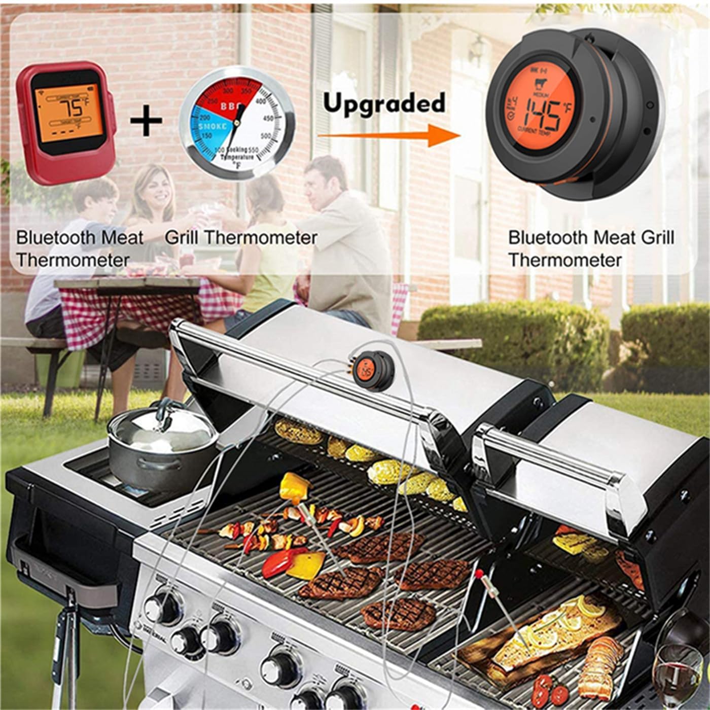 Acesidn unit clipped to grill lid with probes inserted for hands‑free cooking