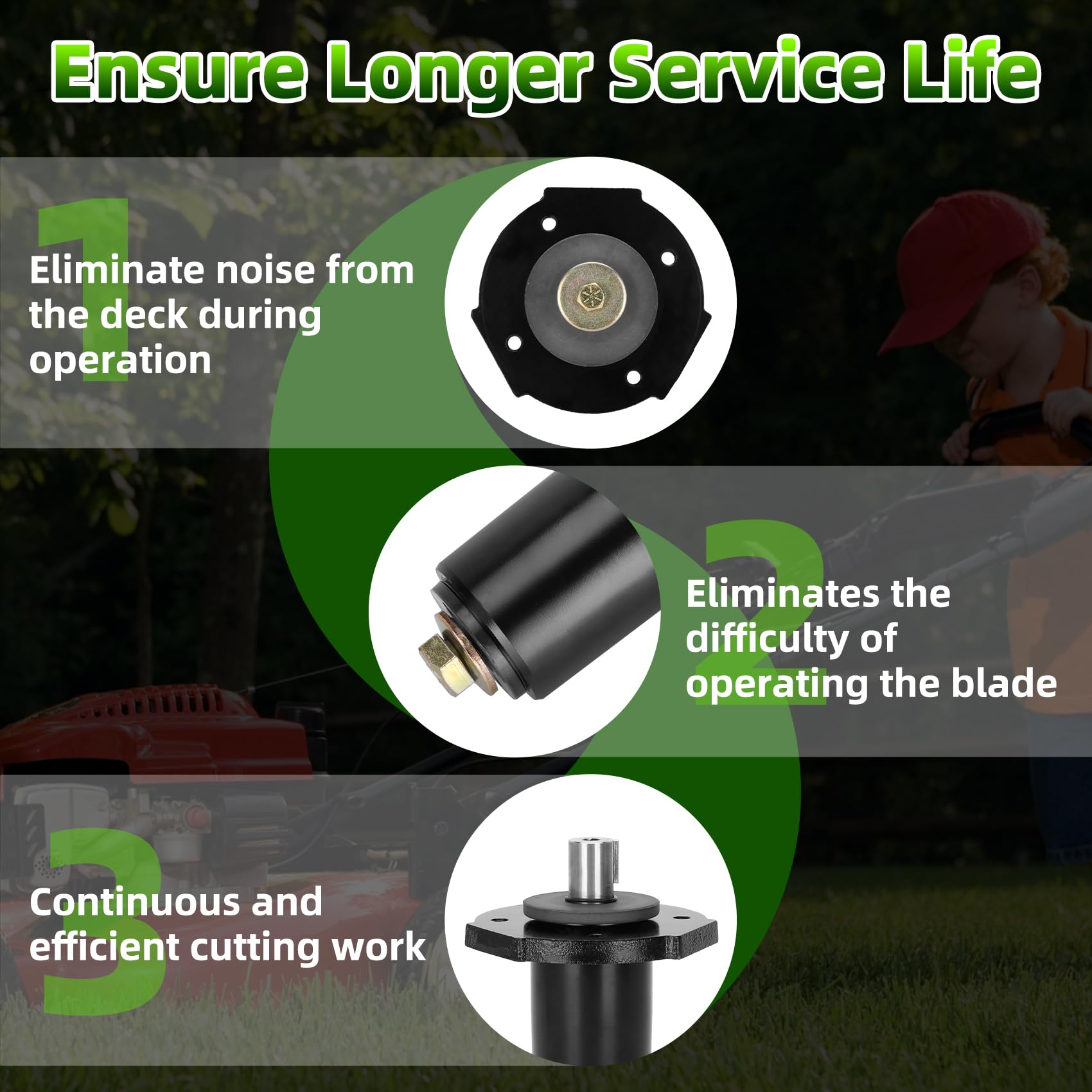 Aceur spindle on mower in yard showing improved cut uniformity and reliability