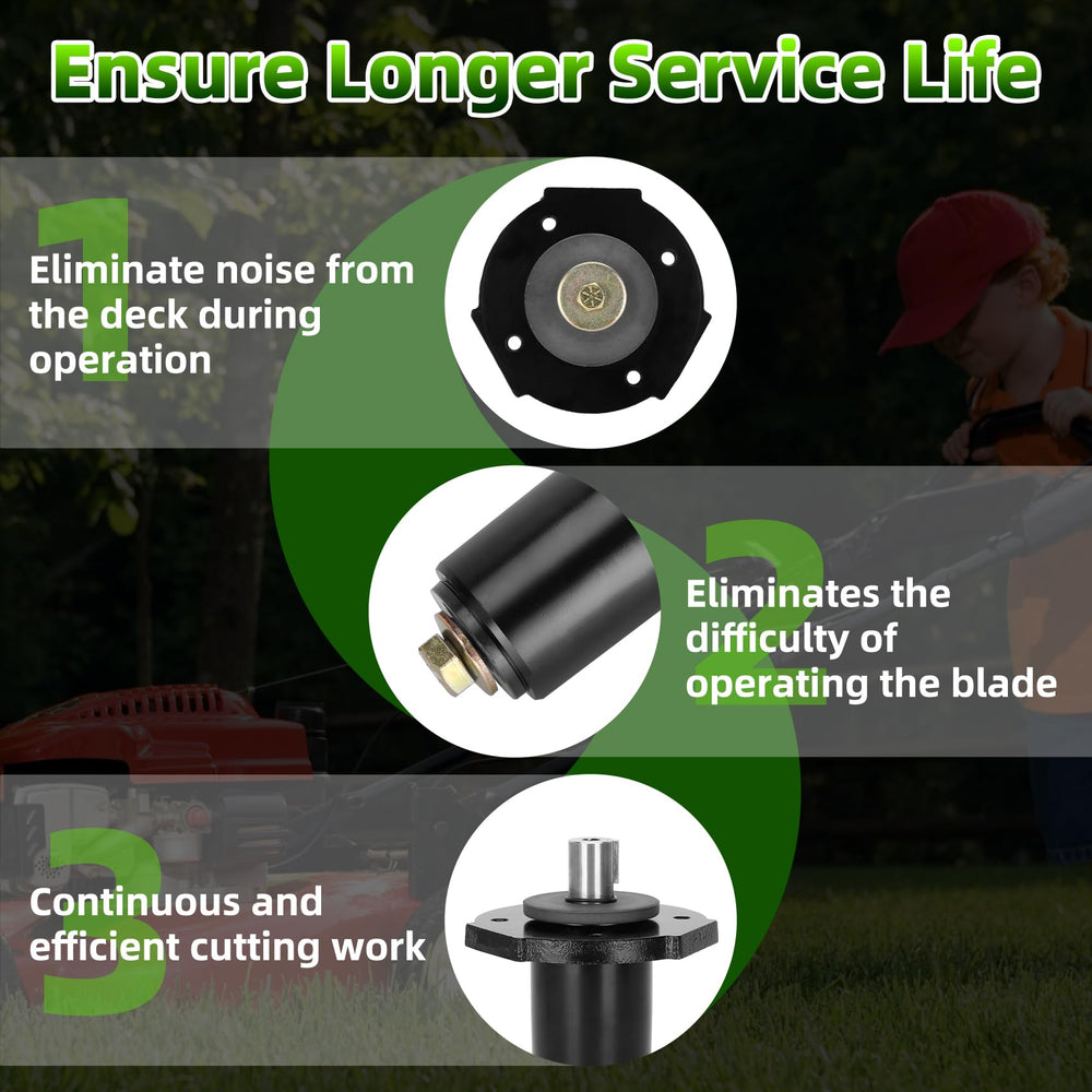 Aceur spindle on mower in yard showing improved cut uniformity and reliability