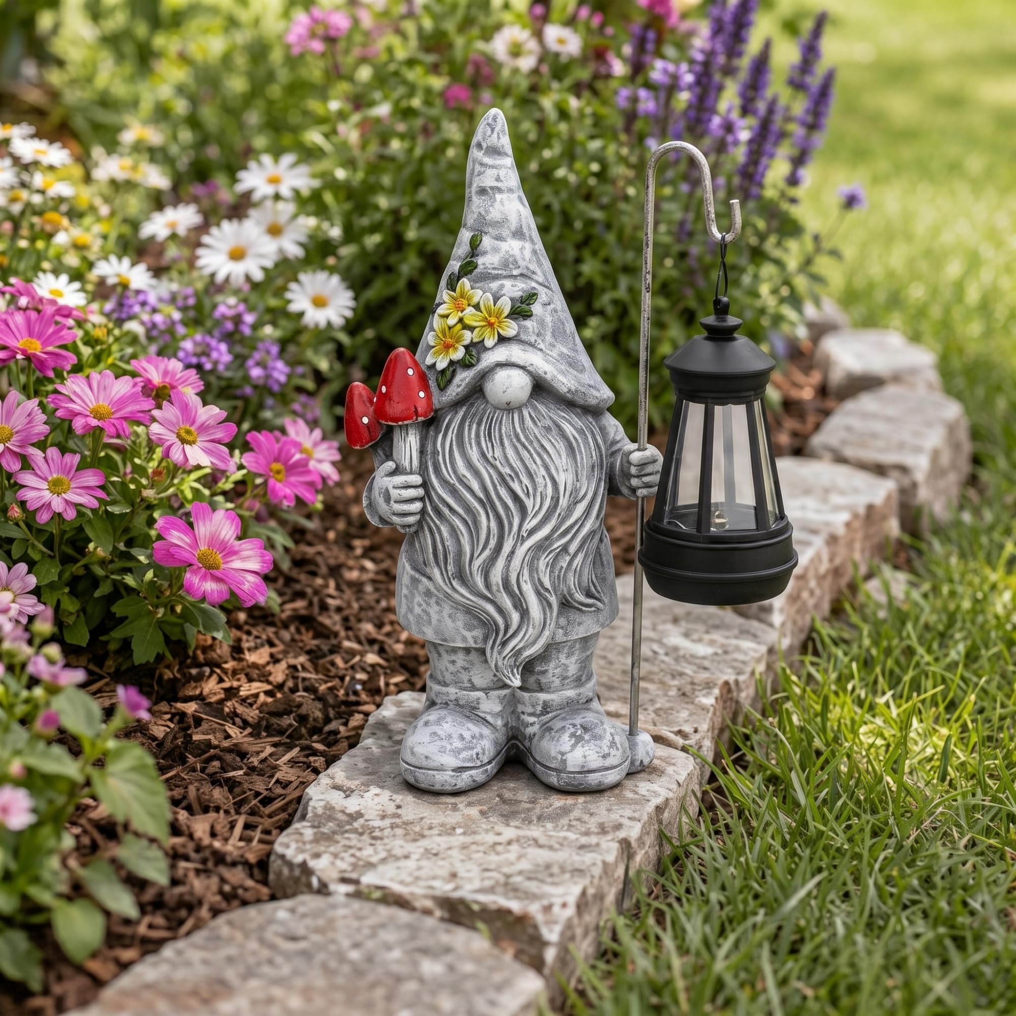 Acgarten gnome holding red mushroom detail showing whimsical design benefit