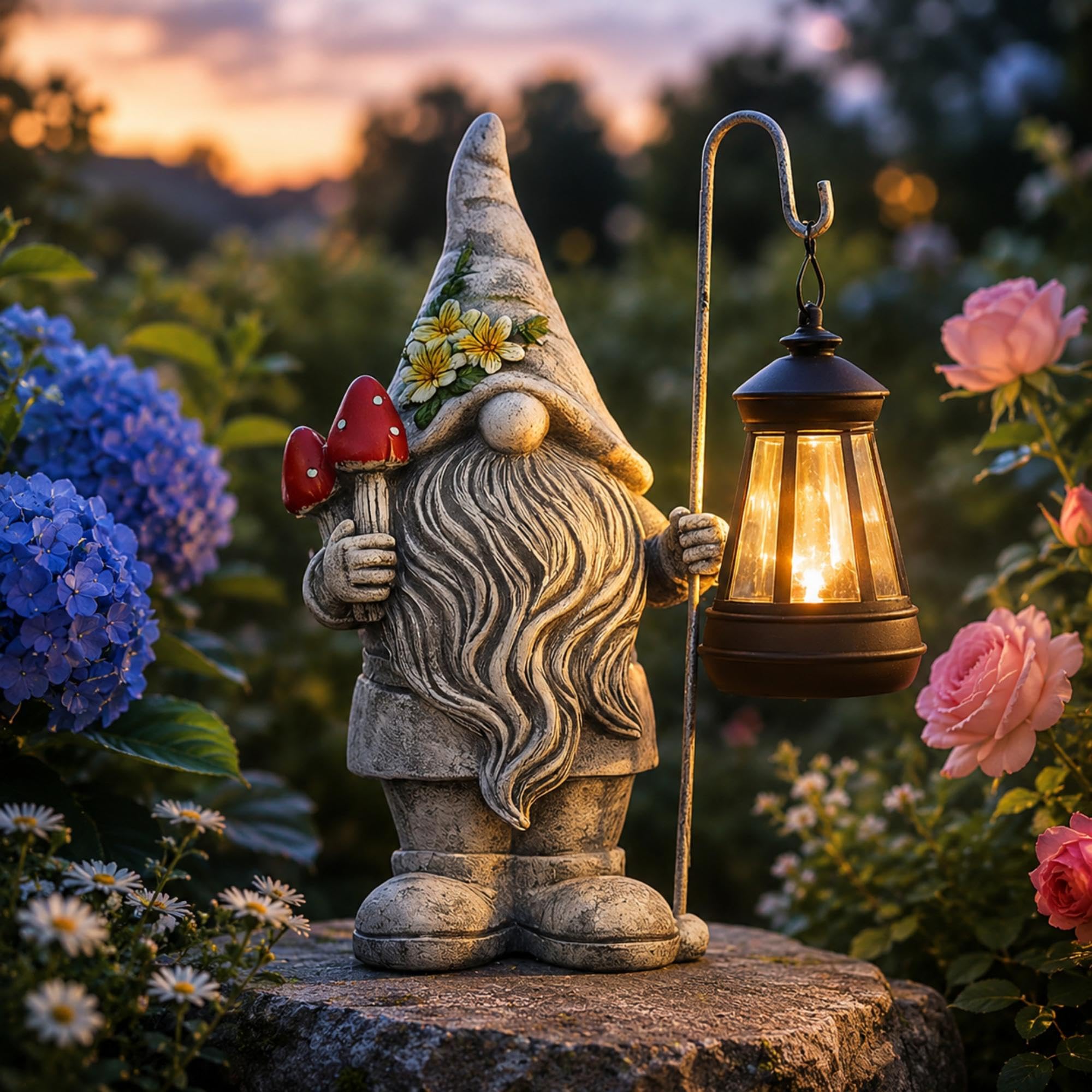 Acgarten gnome front view showing cheerful statue and lantern benefit lighting