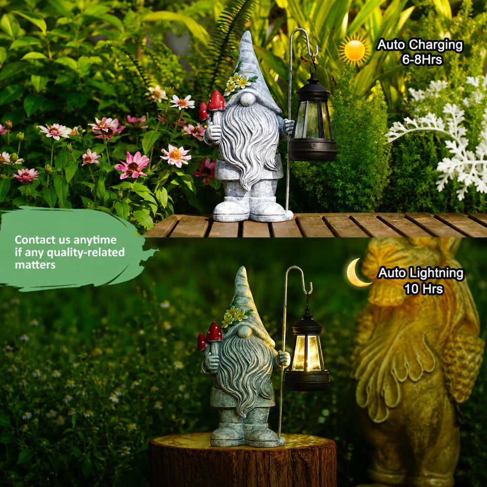 Acgarten gnome lantern lit at night providing warm ambient glow benefit