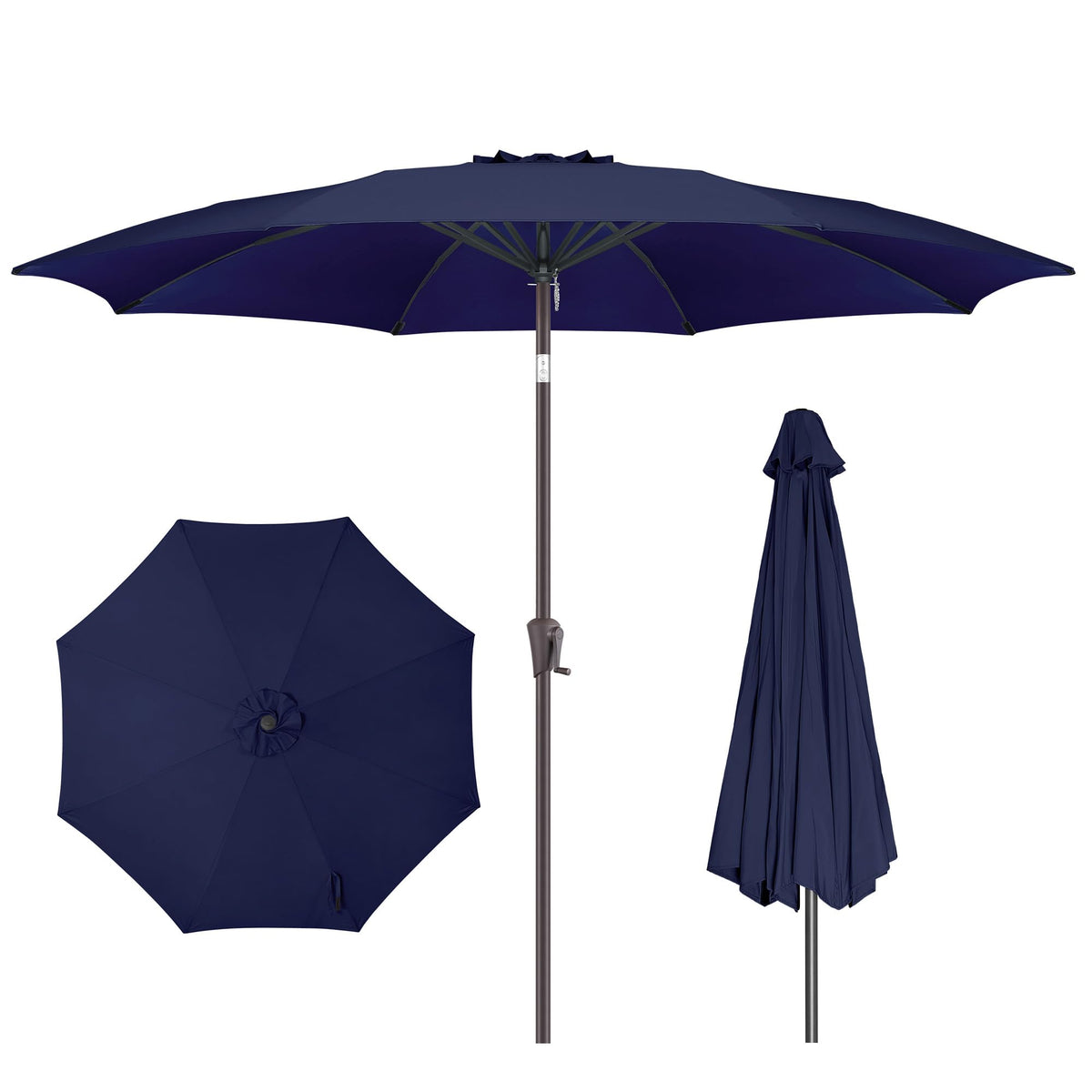 AckMizz front view of 10ft navy umbrella showing wide shade coverage benefit