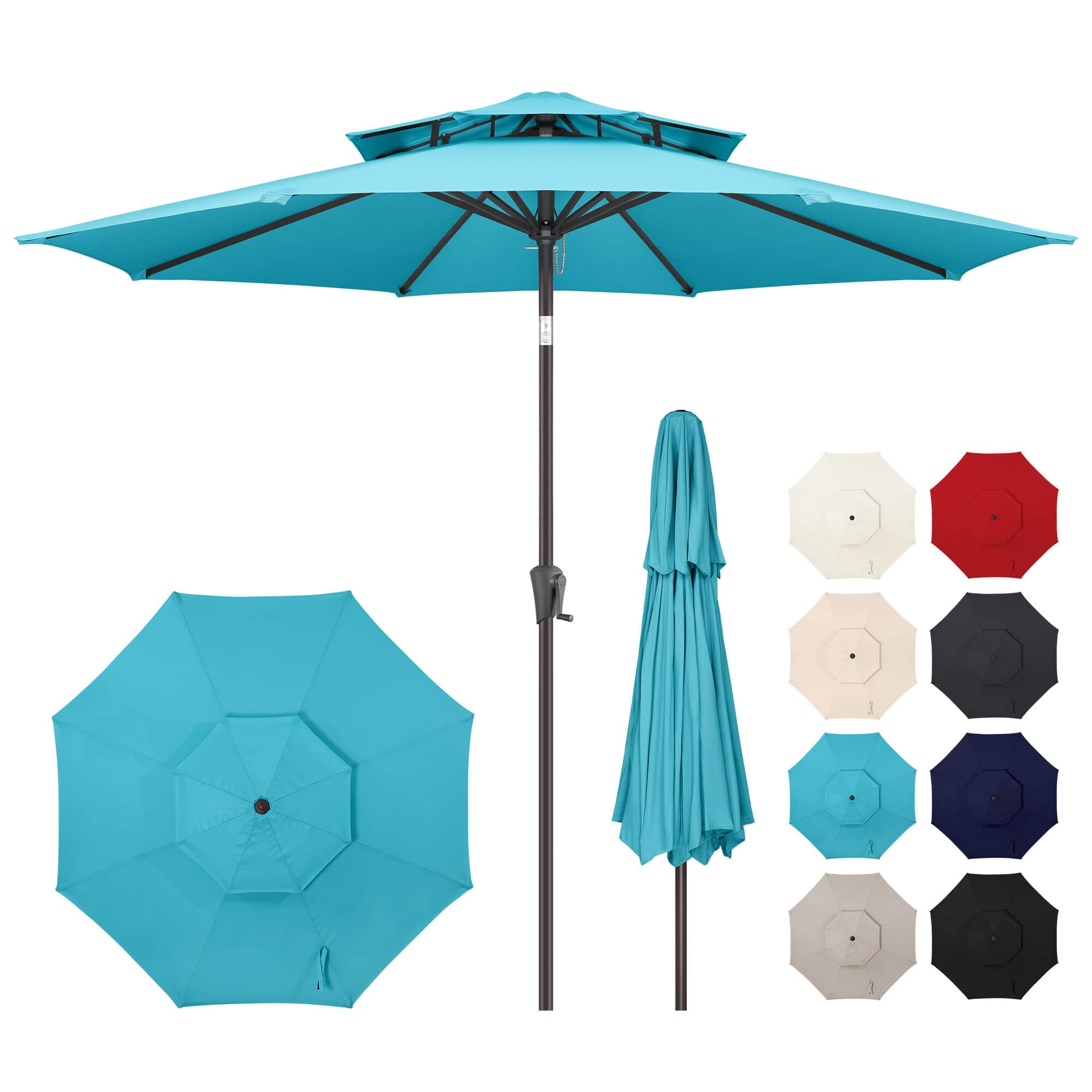 AckMizz front view aqua umbrella showing full canopy and shade benefit