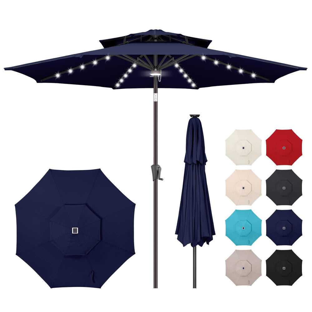 AckMizz front view of 9ft navy blue umbrella showing full coverage benefit