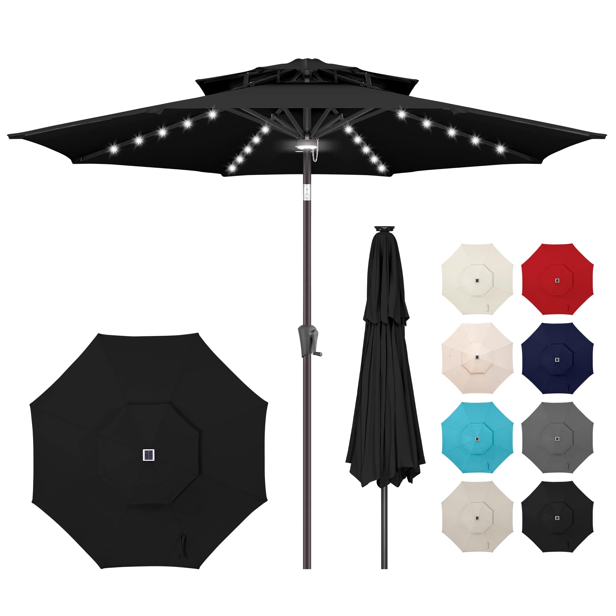 AckMizz patio evening scene with lit umbrella enhancing outdoor gatherings