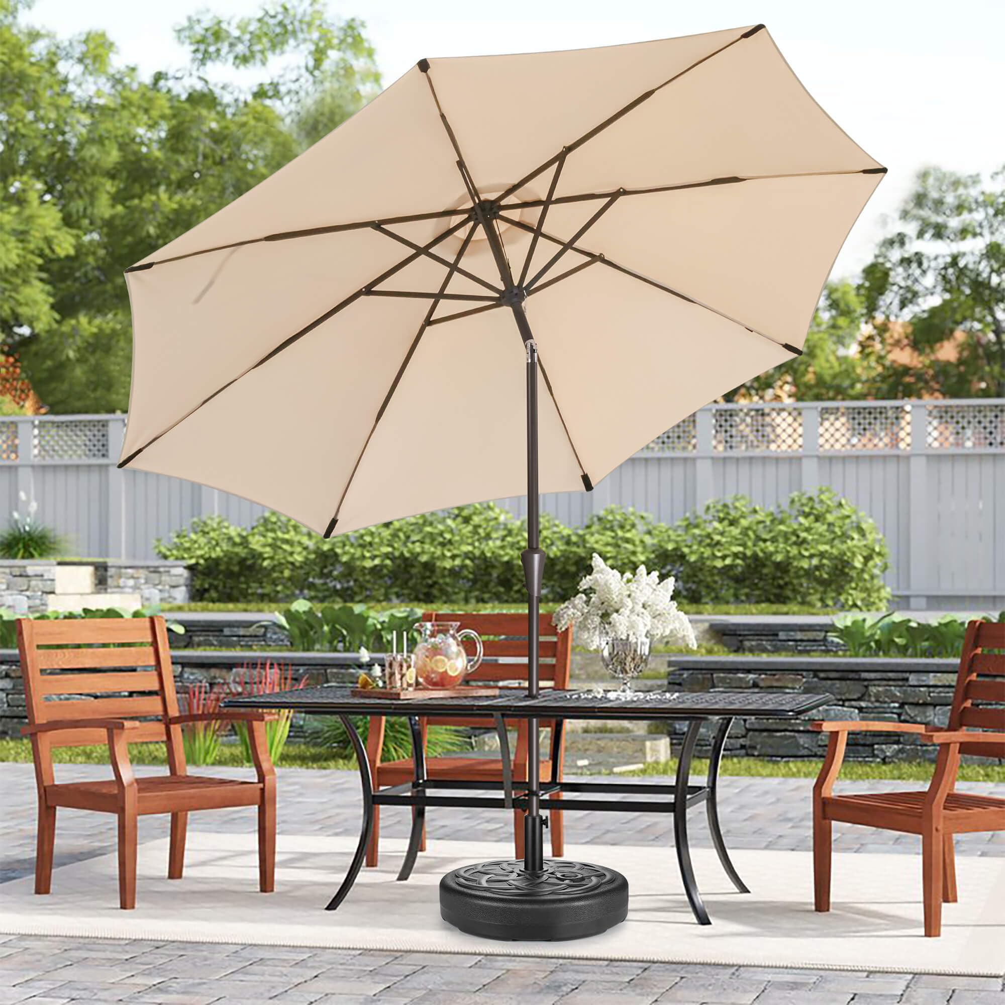 AckMizz on patio with umbrella in use highlighting outdoor durability and style