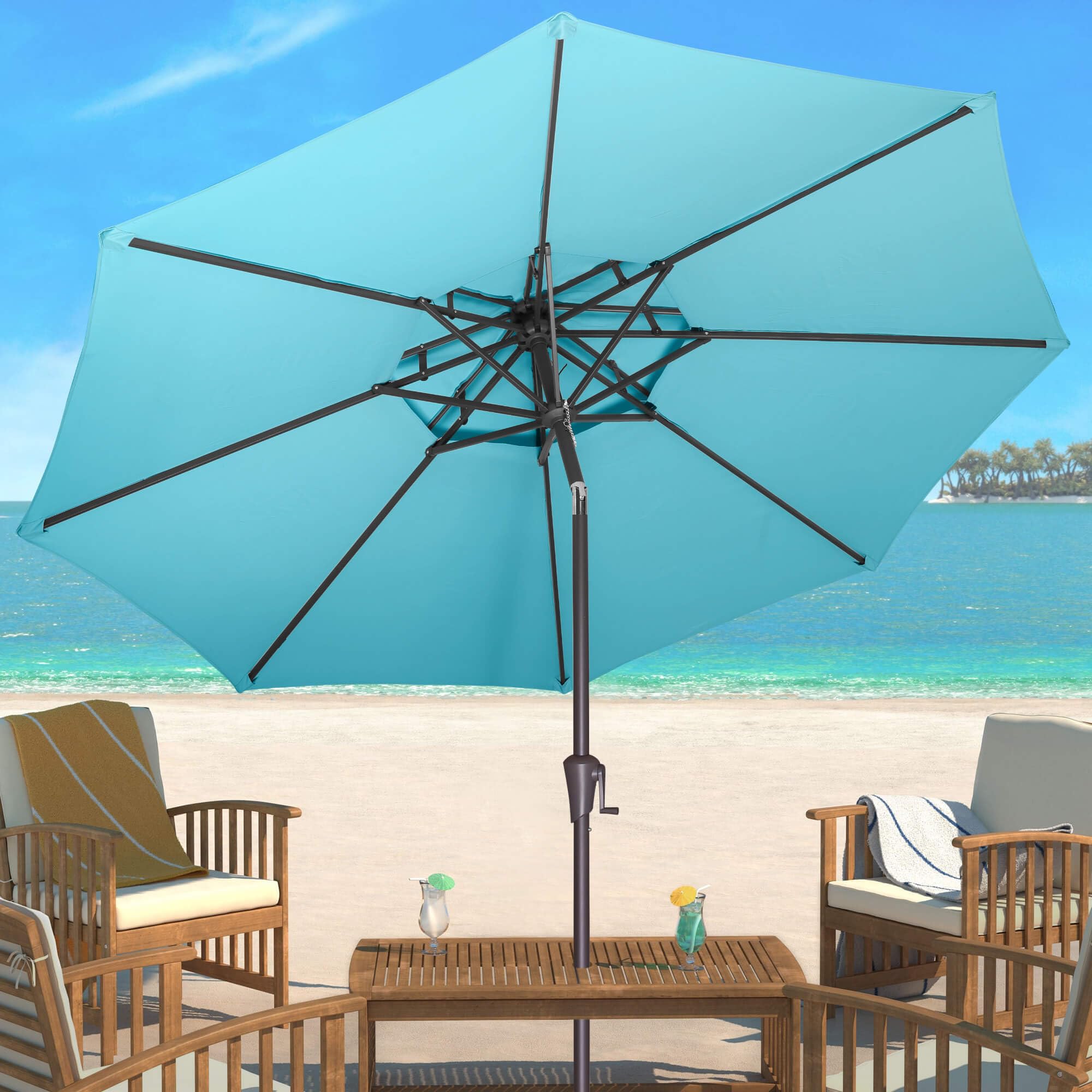 AckMizz umbrella with chairs showing 9 ft scale and coverage benefit
