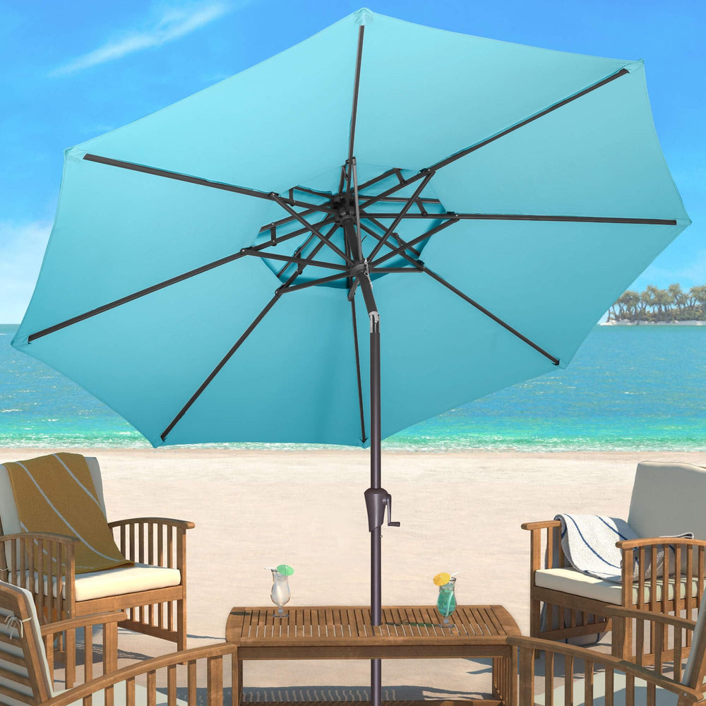 AckMizz umbrella with chairs showing 9 ft scale and coverage benefit