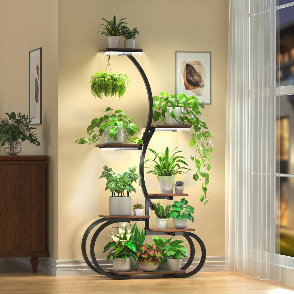 Acnusik front view plant stand with lights showing space-saving vertical design and easy plant display