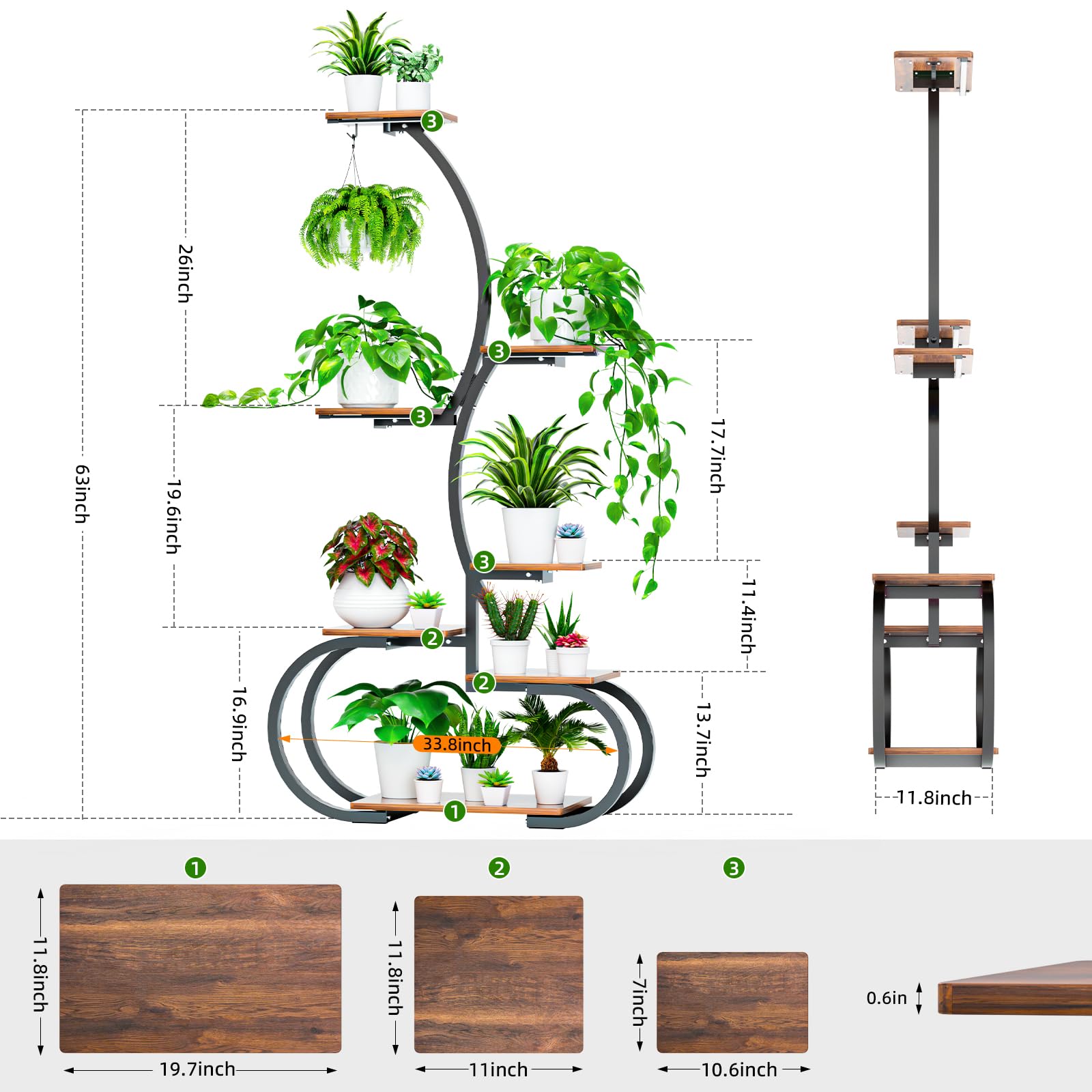 Acnusik plant shelf beside person for scale showing 63 inch height and multi-tier capacity