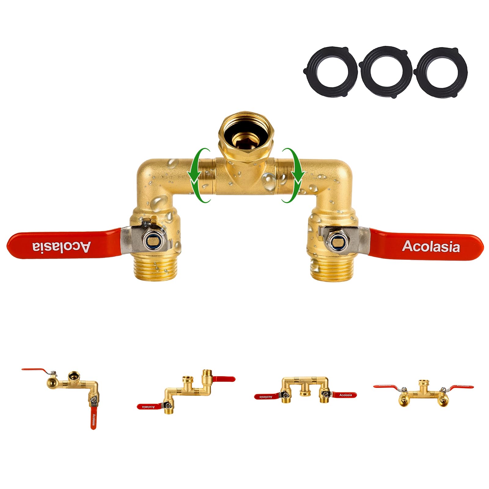 Acolasia front view showing brass splitter and dual outlets for durable flow