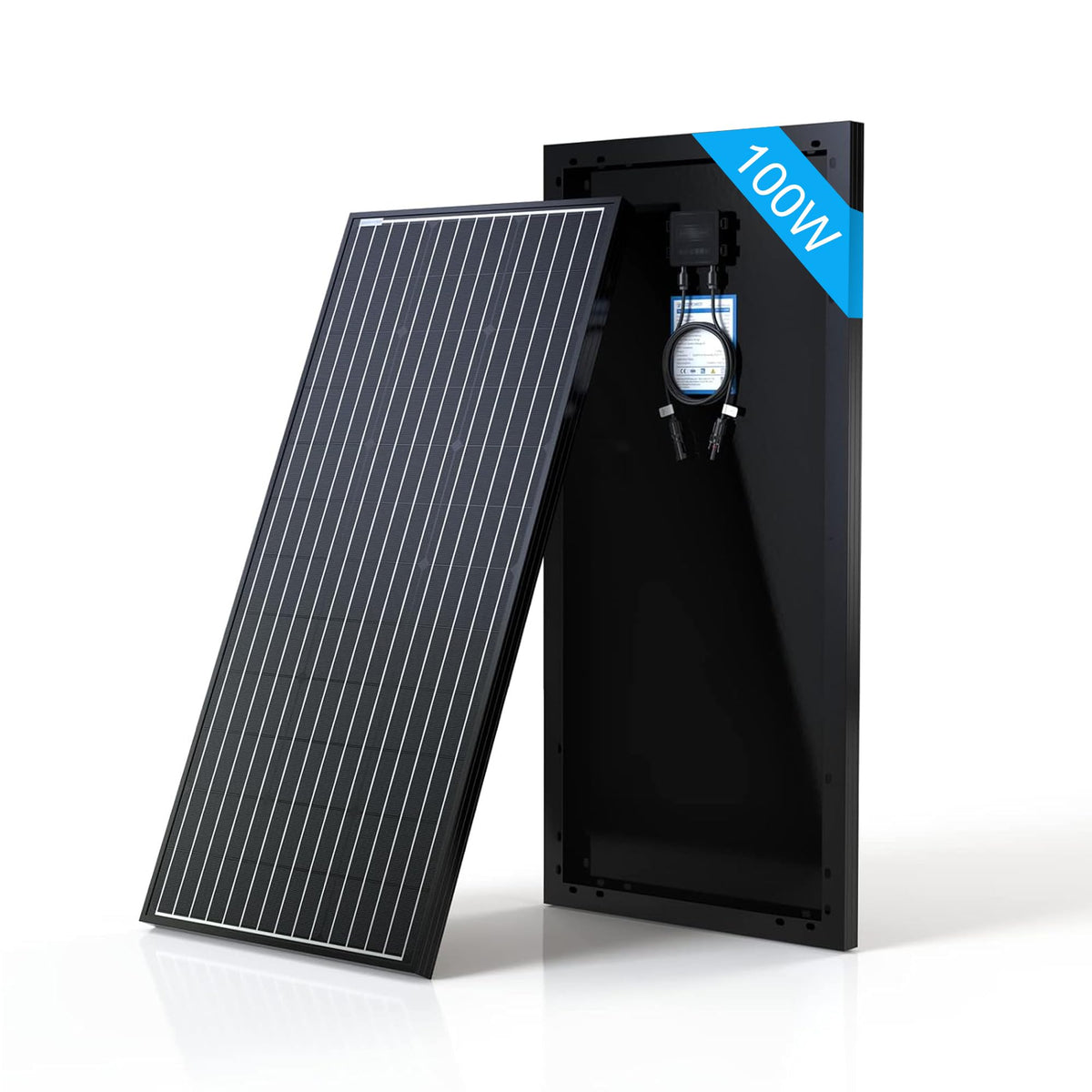 ACOPOWER 100W panel front view showing monocrystalline cells and benefits for portable power