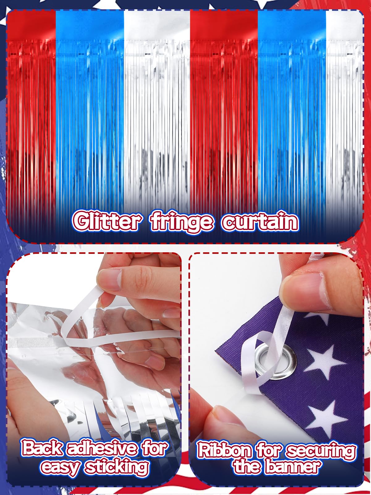 Acostop garlands and American flags attached to railing for patriotic layering