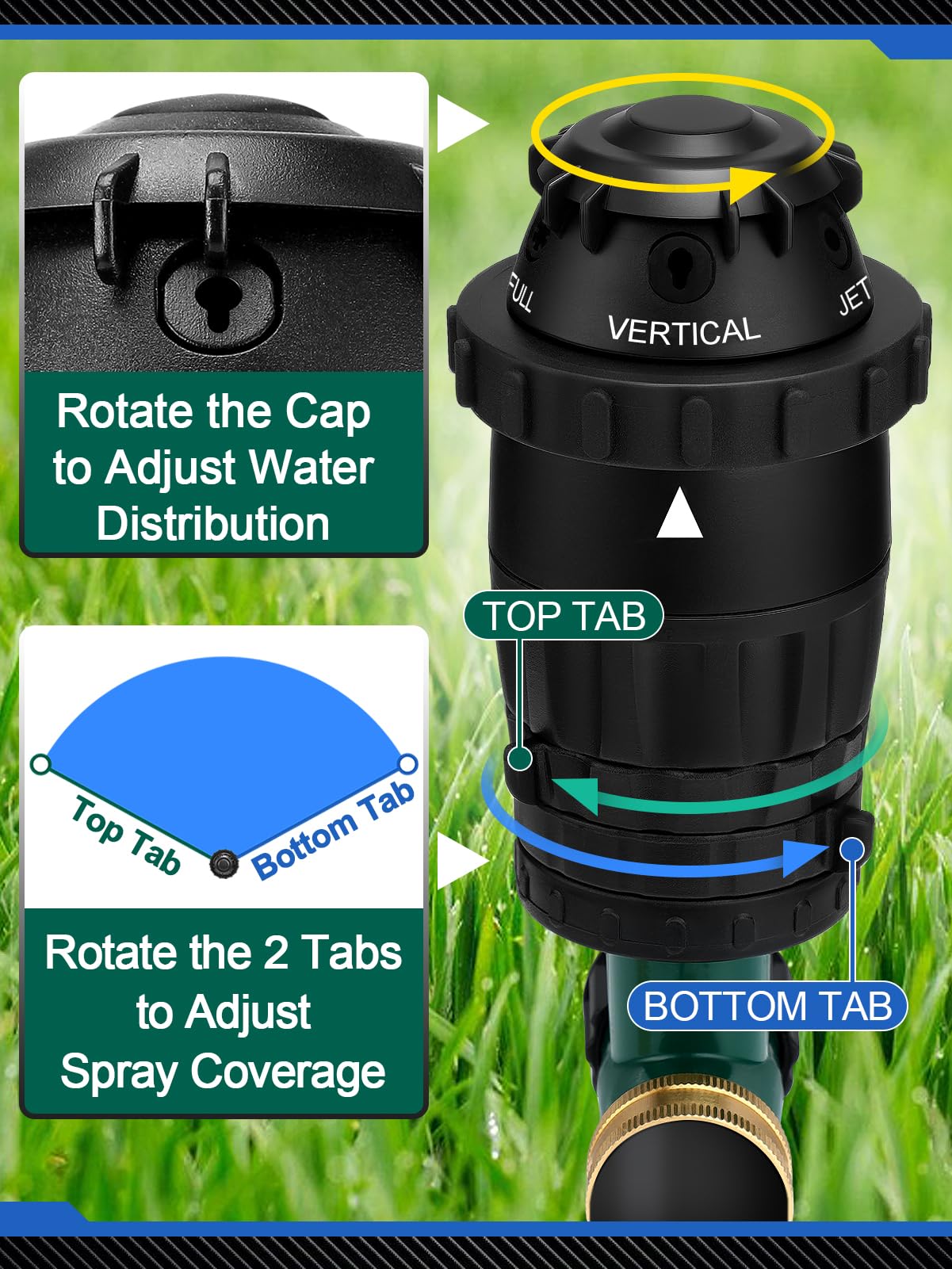Acostop rotating sprinkler head detail showing adjustable arc and precise water control