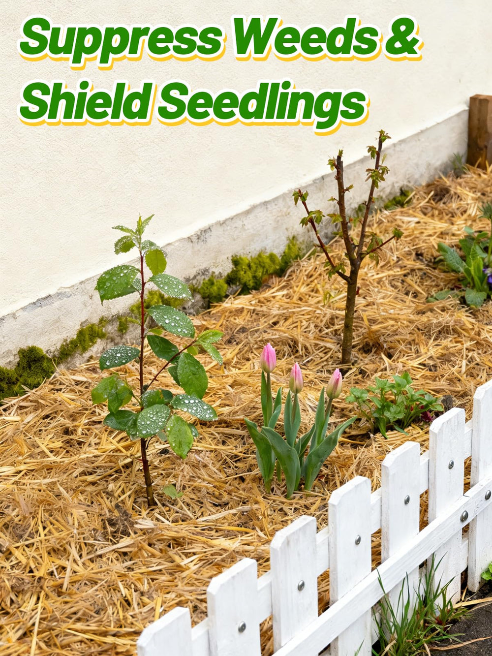 Acostop straw spread as garden mulch, helps retain soil moisture