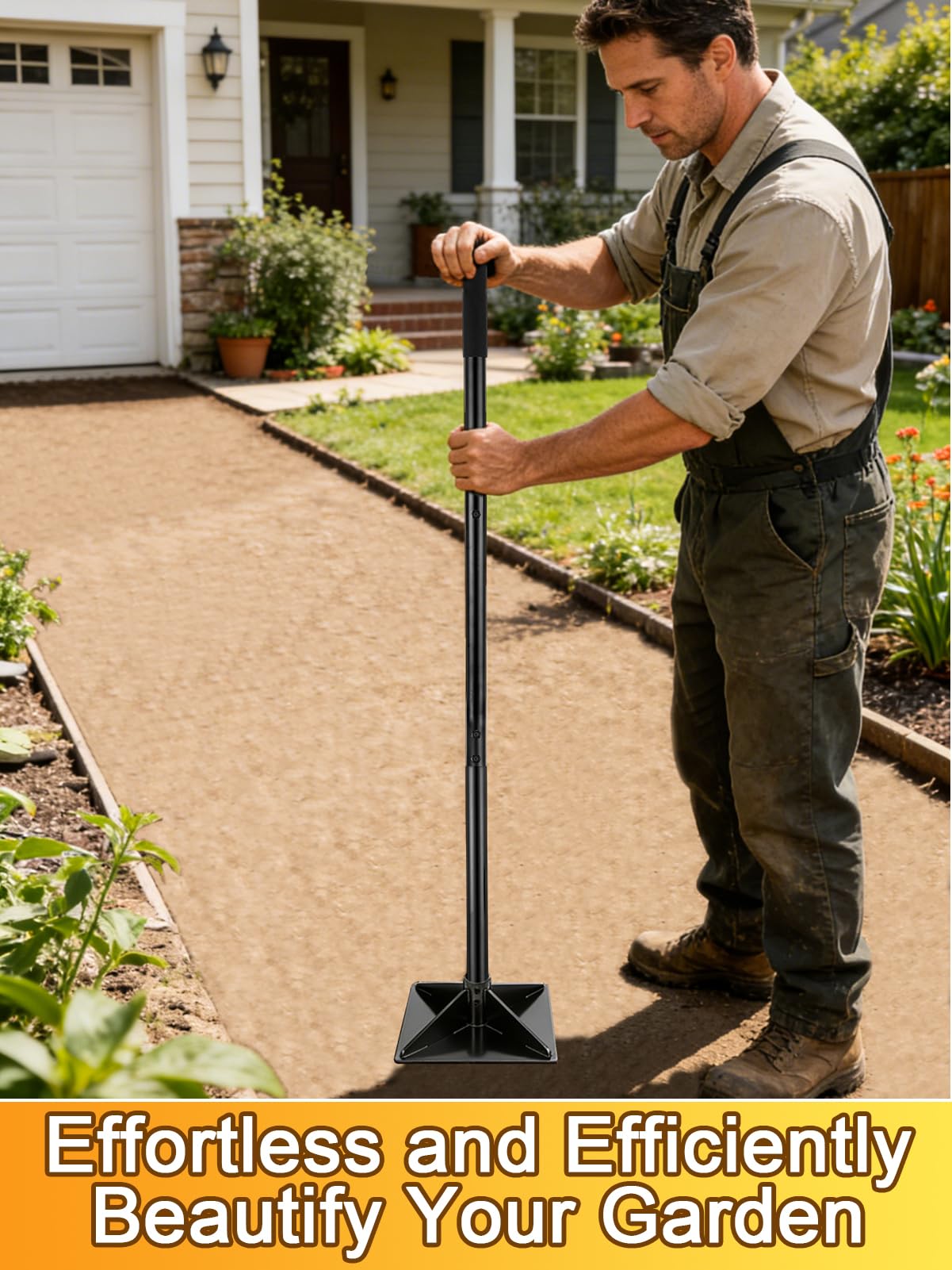 Acostop tamper on patio base in landscaping scene showing professional-grade performance