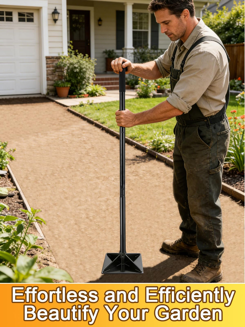 Acostop tamper on patio base in landscaping scene showing professional-grade performance