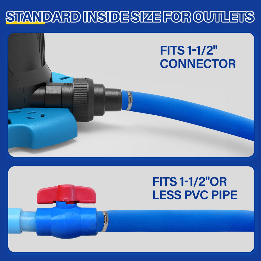 Acquaer lay-flat hose fully extended to show 50ft length, helps plan reach and placement