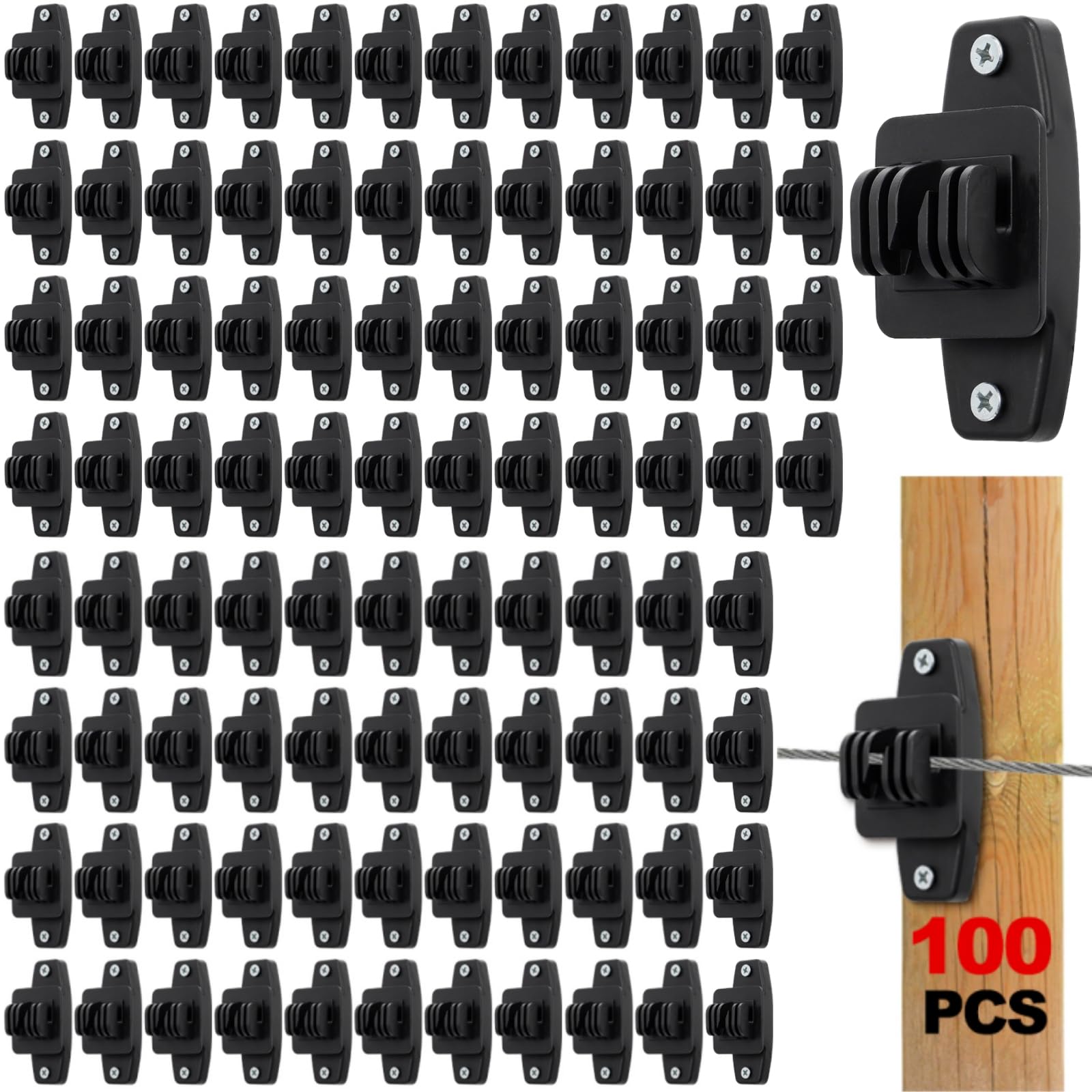 Acshio front packaging showing 100 insulators and screws for bulk fencing