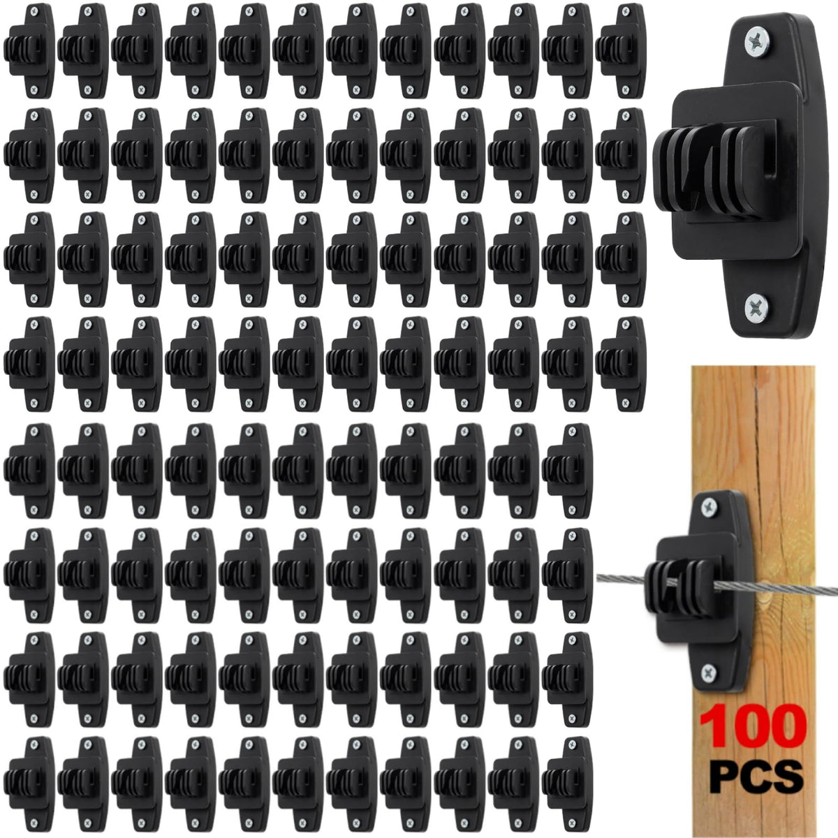 Acshio front packaging showing 100 insulators and screws for bulk fencing