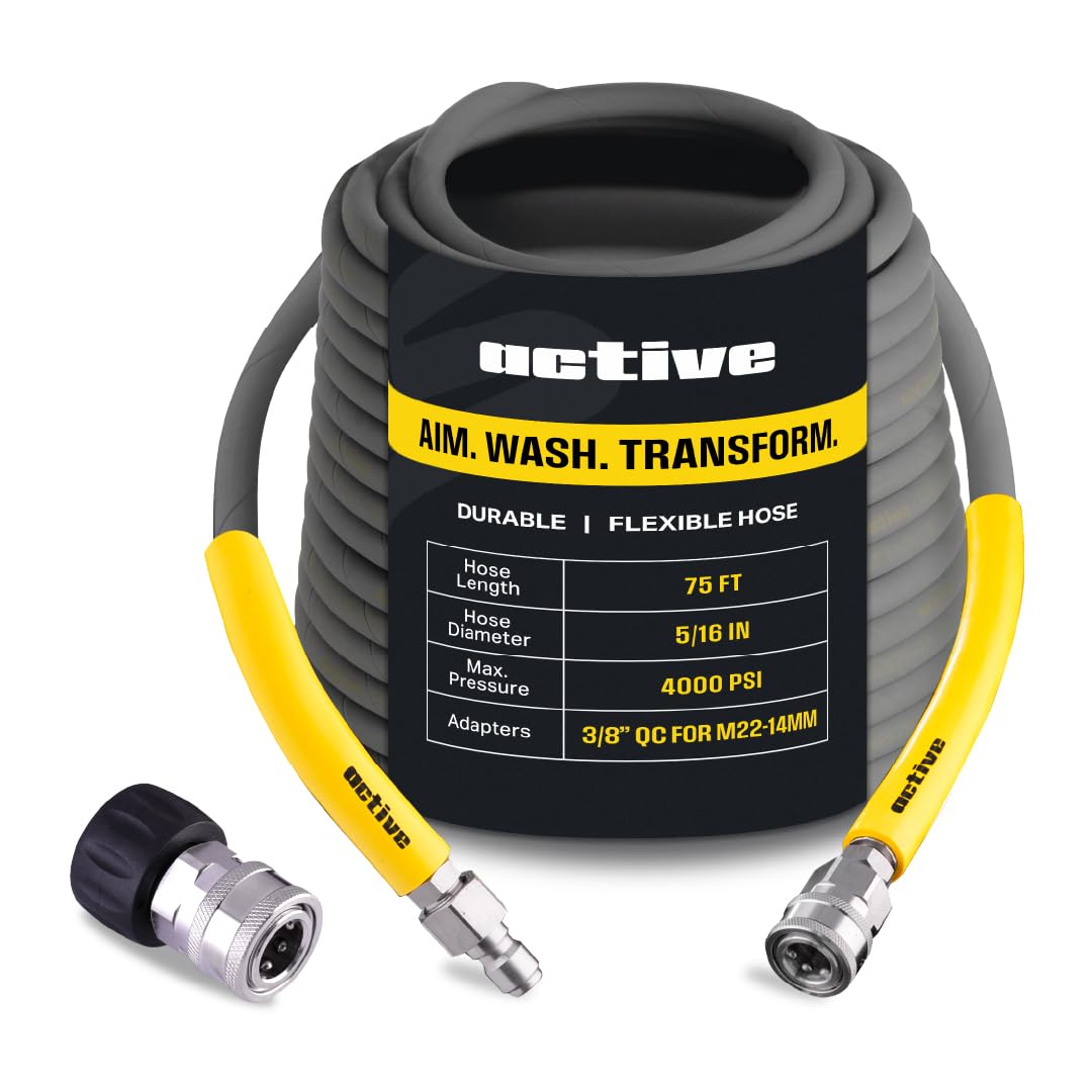 Active front view of 75' hose showing compact packaging and benefits