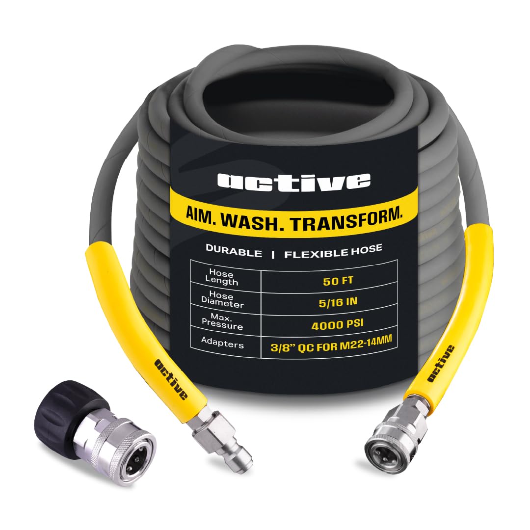Active front view of packaged 50 ft hose showing compact benefit