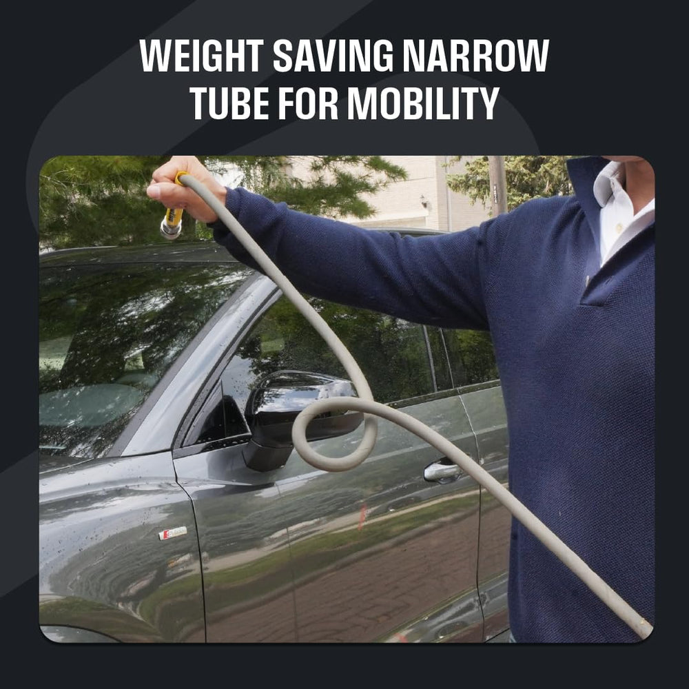 Active hose in use washing a car for extended reach benefit