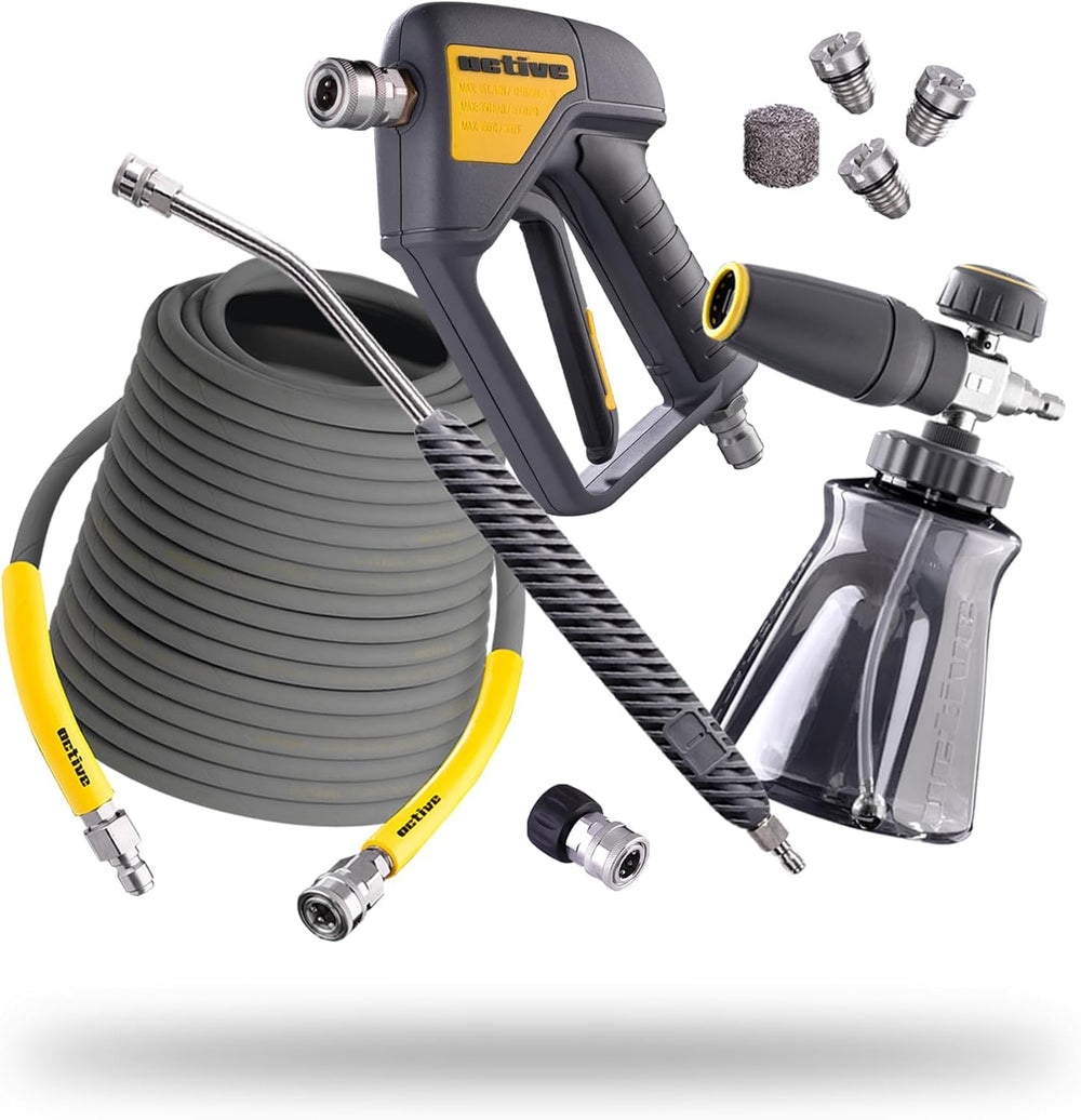 Active bundle front packaging showing gun, foam cannon, lance and 50' hose for fast setup