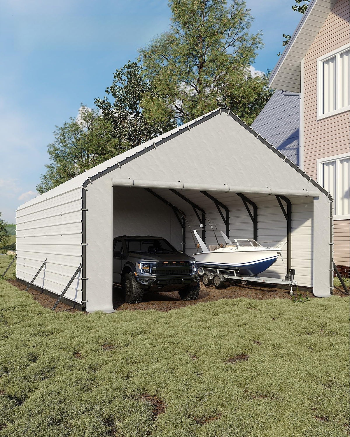 ActiveTrail front view of 20ft carport showing full coverage and protection