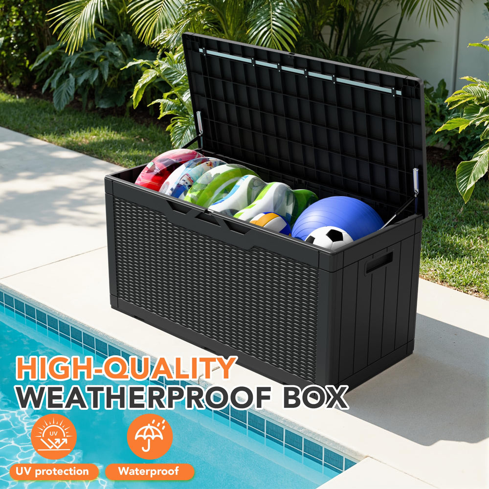 Acurax deck box positioned poolside offering dry storage for pool supplies