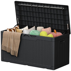 Acurax deck box front view showing sleek black storage and weather protection