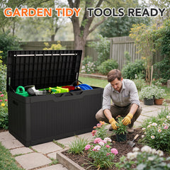 Acurax deck box open lid revealing roomy interior and organized storage benefit