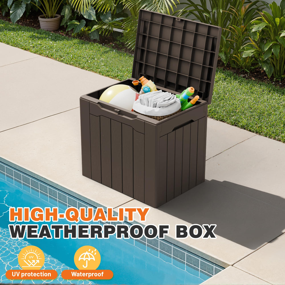 Acurax poolside lifestyle scene showing weatherproof storage convenience