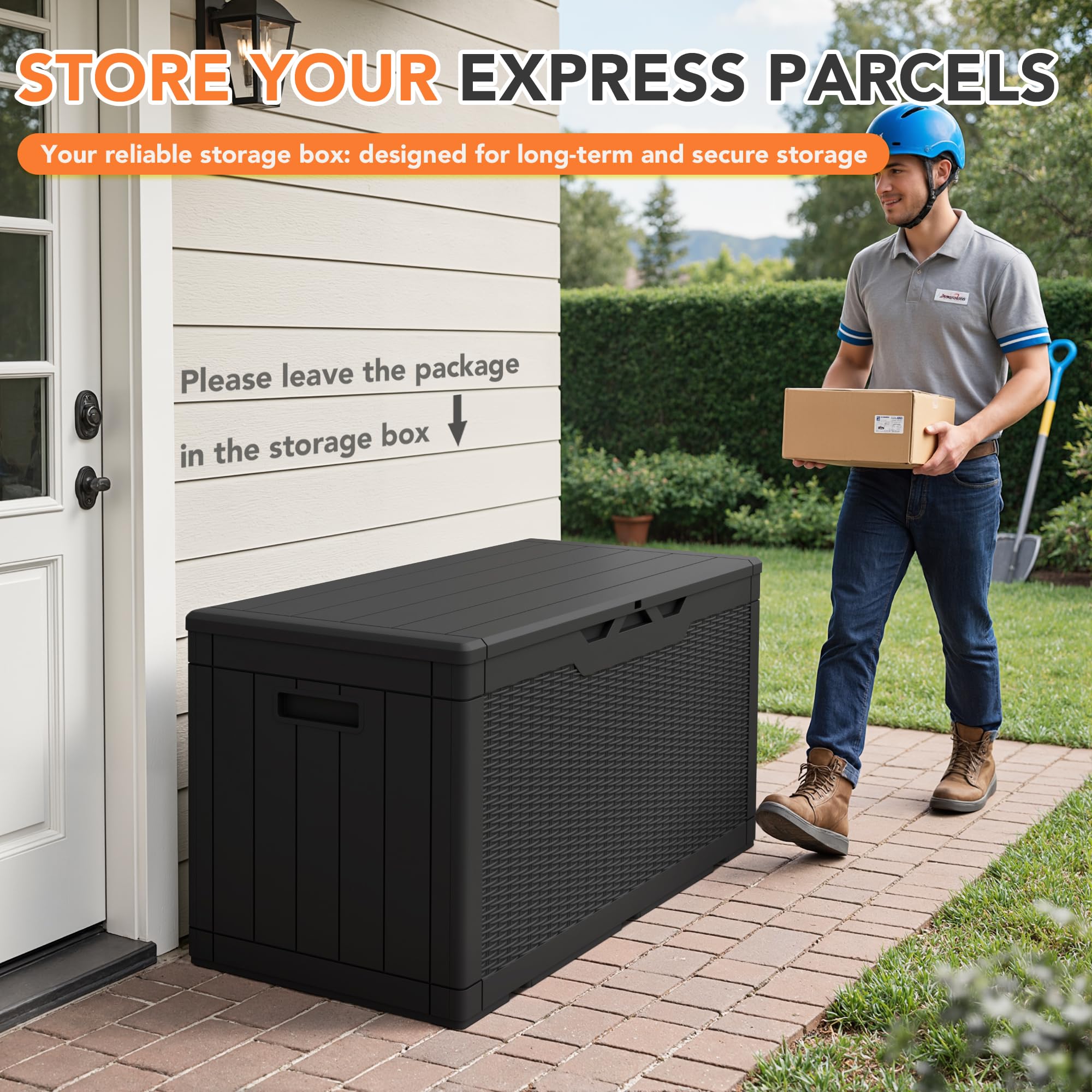 Side handle detail on Acurax deck box for easy lifting and repositioning