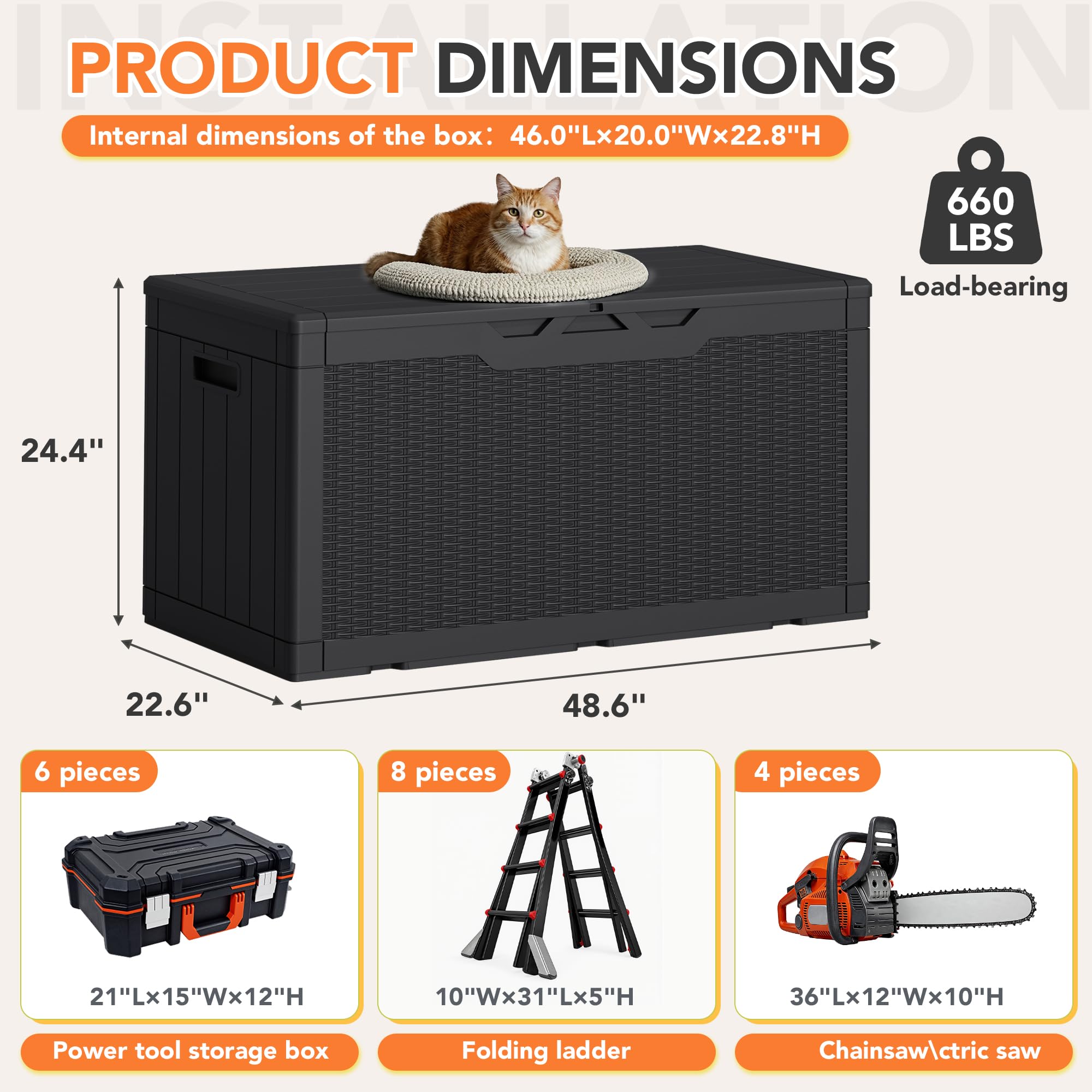 Acurax deck box next to chair showing 105-gallon scale for capacity clarity
