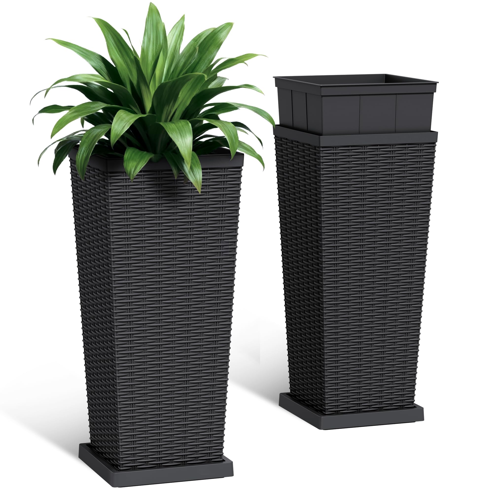 Acurax front view of both black planters showing sleek rattan look and stability