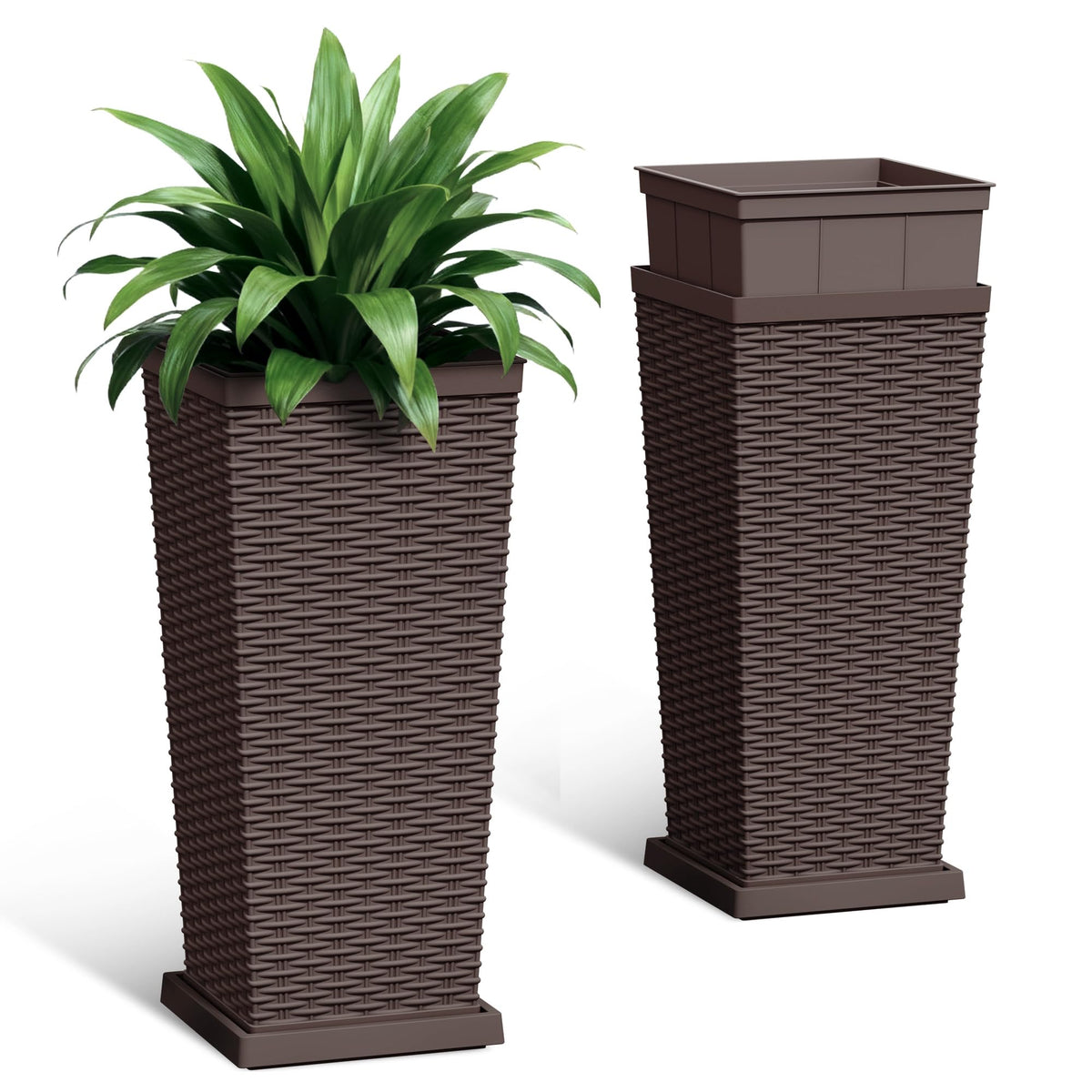 Acurax front view brown planters showing rattan look and stable base, enhances décor